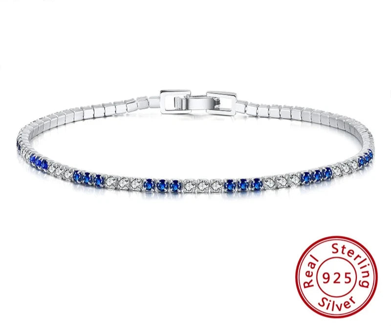 JEWELS 925 Sterling Silver Blue and Clear Crystal Tennis Bracelet