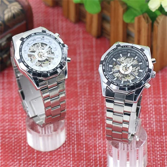 Men's Stainless Steel Skeleton Hand-Winding Watch