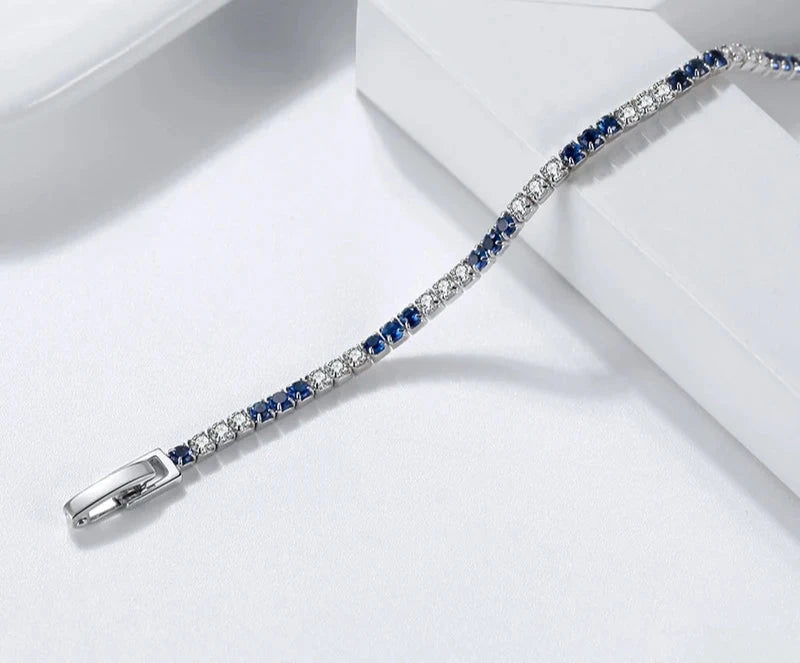 JEWELS 925 Sterling Silver Blue and Clear Crystal Tennis Bracelet