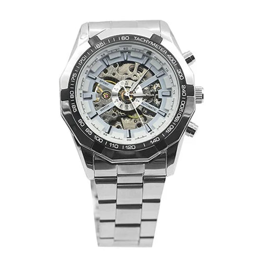 Men's Stainless Steel Skeleton Hand-Winding Watch