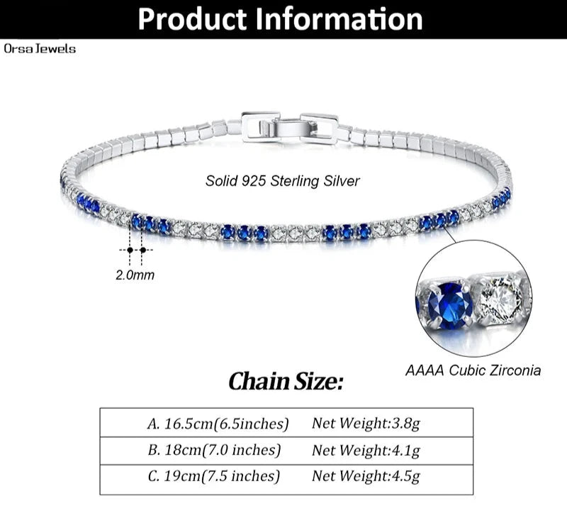 JEWELS 925 Sterling Silver Blue and Clear Crystal Tennis Bracelet