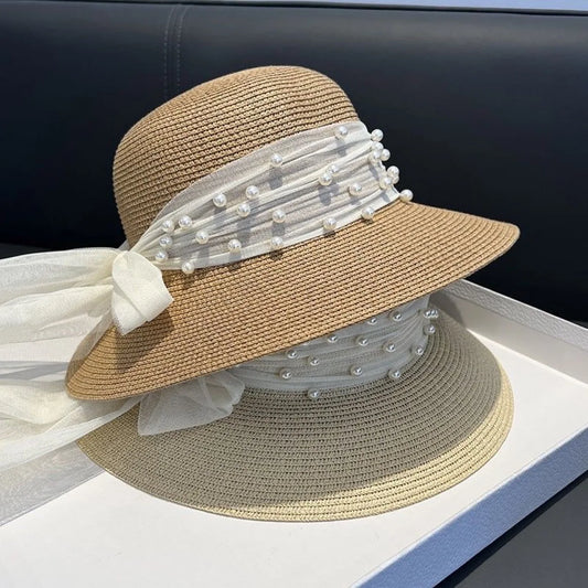 2024 New Straw Hat with Elegant Pearl Bowknot