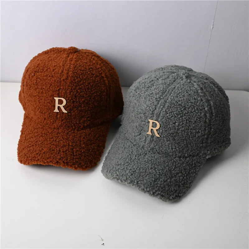 Autumn Winter Gold Letter Lambswool Baseball Cap