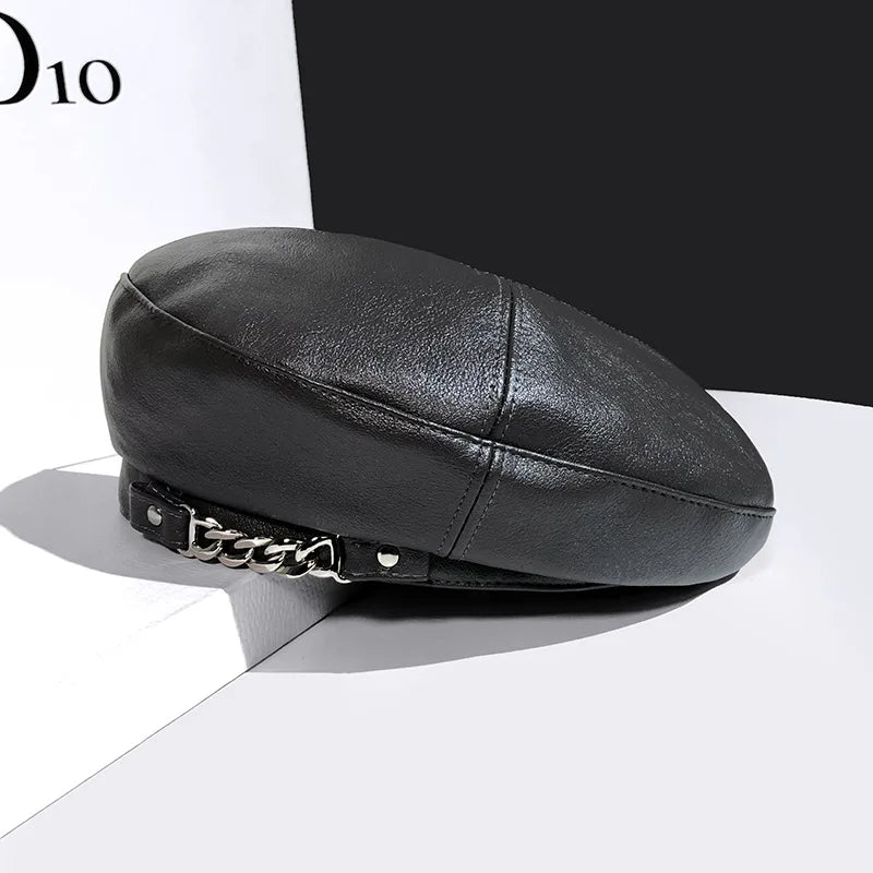 Stylish Metal Chain Leather Beret Hat