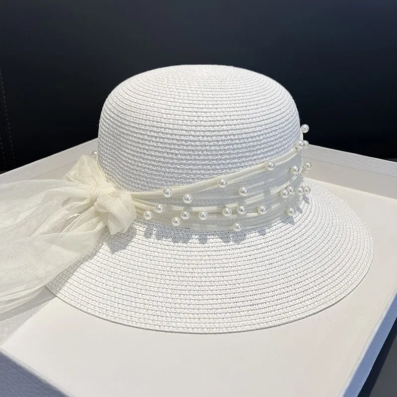 2024 New Straw Hat with Elegant Pearl Bowknot