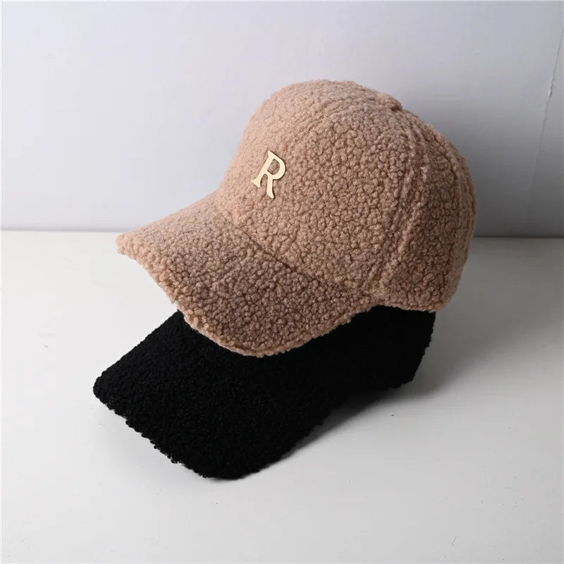 Autumn Winter Gold Letter Lambswool Baseball Cap