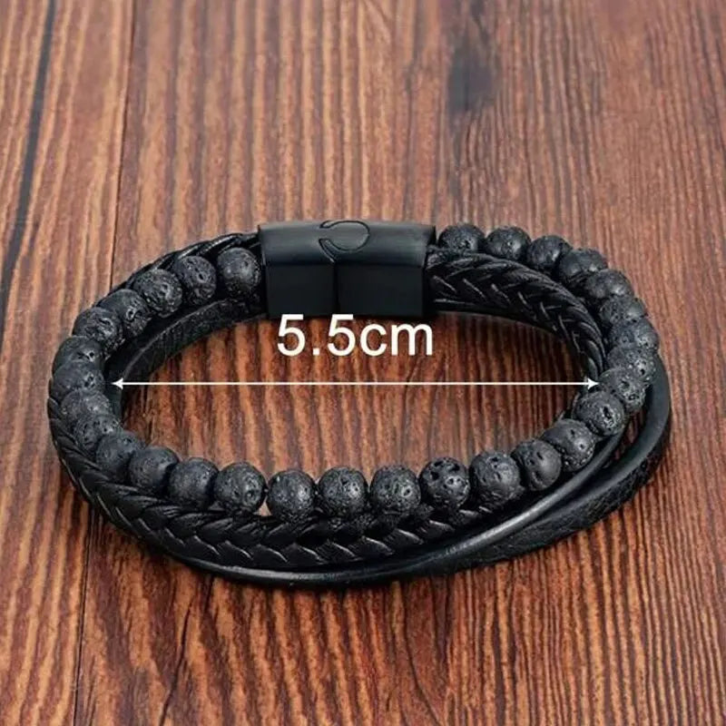 Fashion Volcanic Stone Beaded Bracelet Mutilayer Braided Leather Bracelet