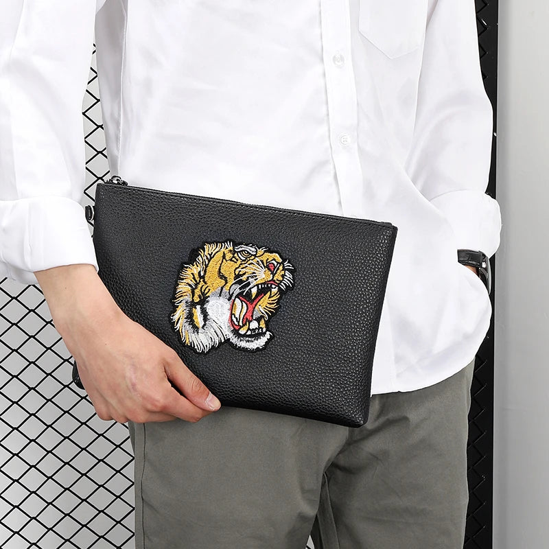 Tiger Head Pattern Business Men Clutch Bag High Quality Soft PU Leather