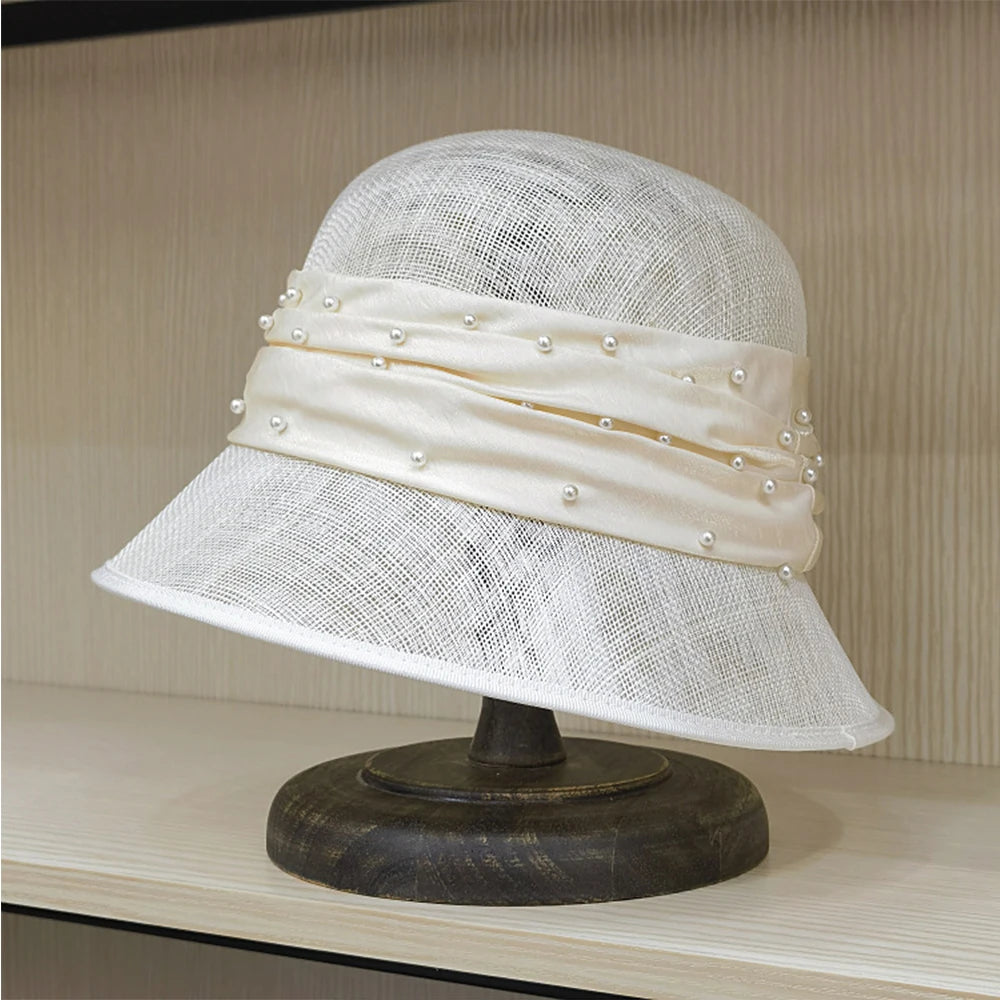 Linen British Women's Hat Summer Hat Flat Top Hat Breathable Leisure Pearl