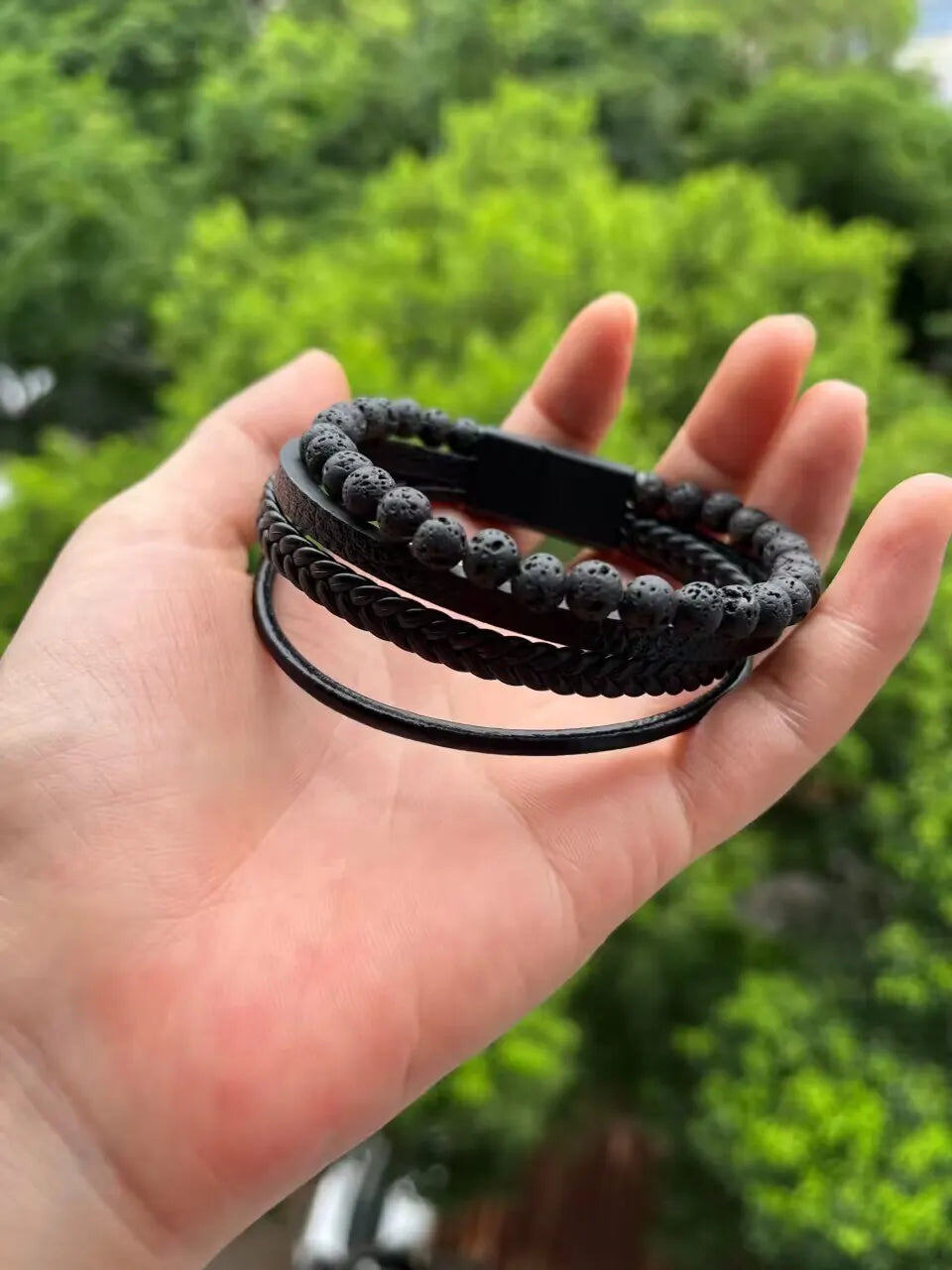 Fashion Volcanic Stone Beaded Bracelet Mutilayer Braided Leather Bracelet