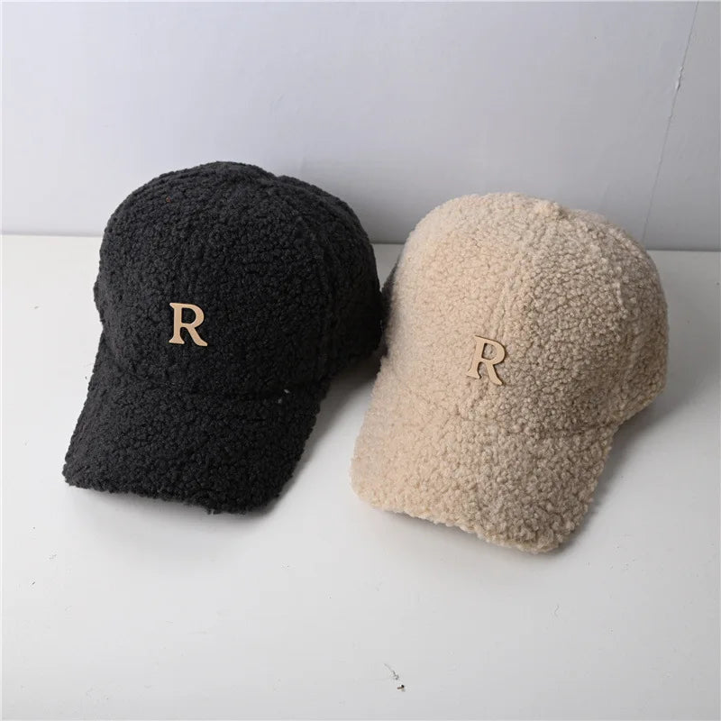 Autumn Winter Gold Letter Lambswool Baseball Cap