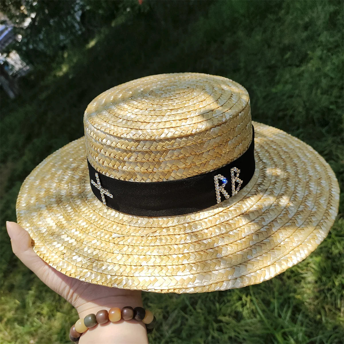 Women's Wide Brim Straw Hat with Water Diamond Accents