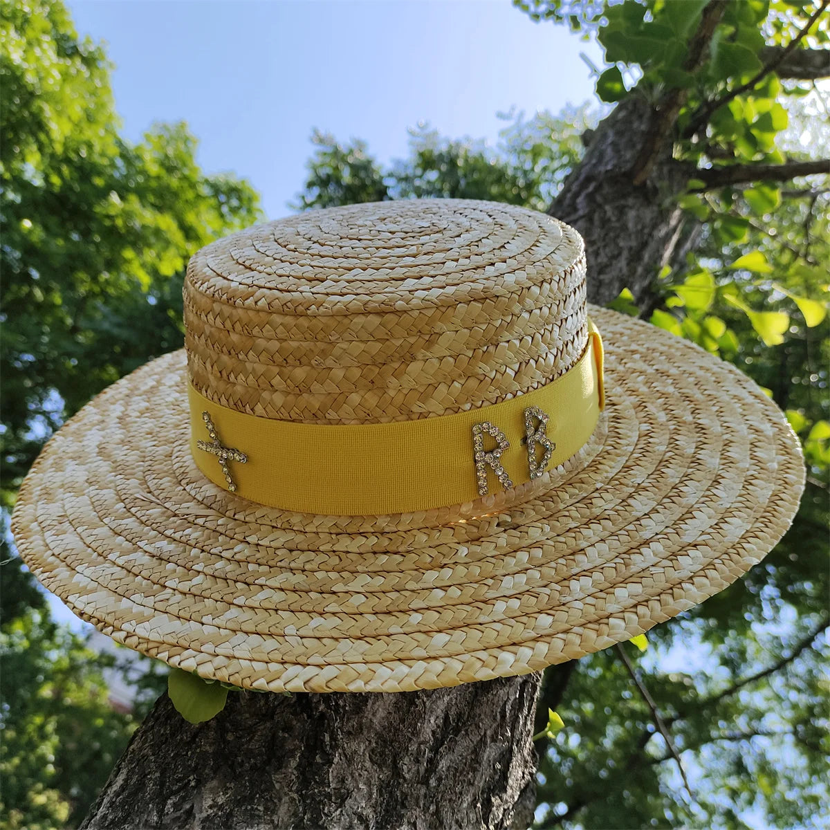 Women's Wide Brim Straw Hat with Water Diamond Accents