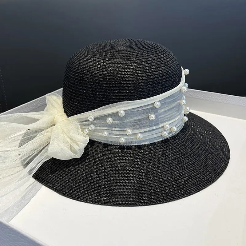 2024 New Straw Hat with Elegant Pearl Bowknot