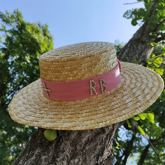 Women's Wide Brim Straw Hat with Water Diamond Accents